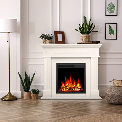 Ensemble de cheminée électrique avec boîtier en bois et foyer, télécommande.