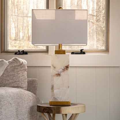 Lampe de table LED en albâtre Eloise 27,5 cm, blanc/feuille d'or par JONATHAN Y