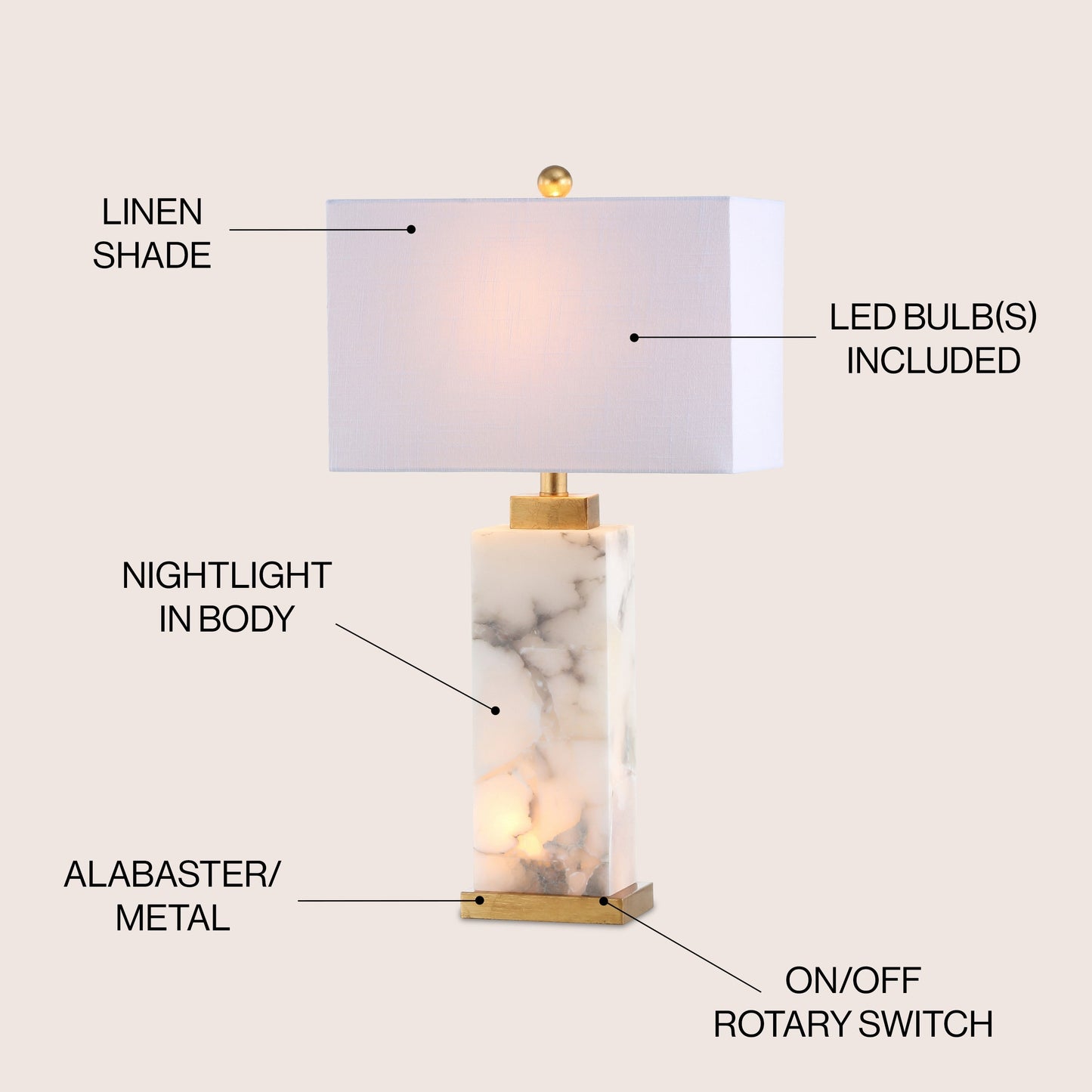 Lampe de table LED en albâtre Eloise 27,5 cm, blanc/feuille d'or par JONATHAN Y