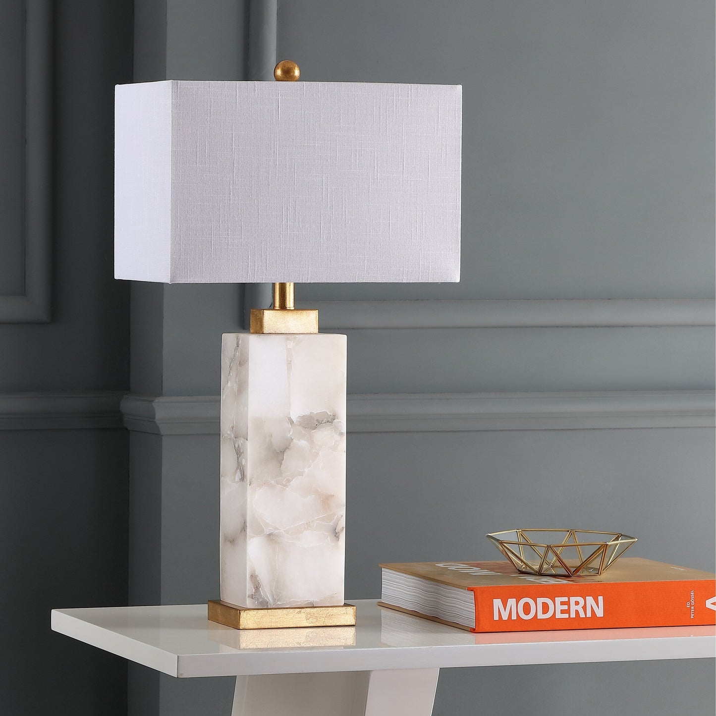 Lampe de table LED en albâtre Eloise 27,5 cm, blanc/feuille d'or par JONATHAN Y