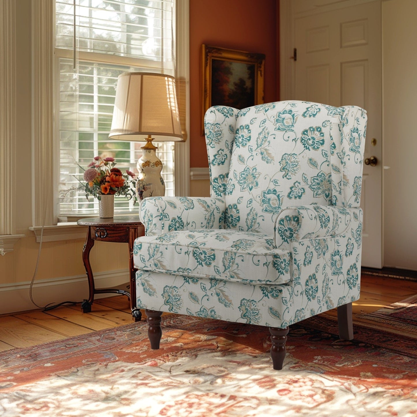Fauteuil d'appoint moderne Erommy, fauteuil à dossier haut, canapé simple recouvert de tissu avec boutons et pieds en bois pour salon.