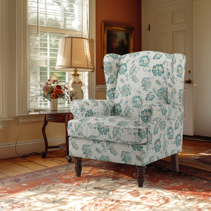Fauteuil d'appoint moderne Erommy, fauteuil à dossier haut, canapé simple recouvert de tissu avec boutons et pieds en bois pour salon.
