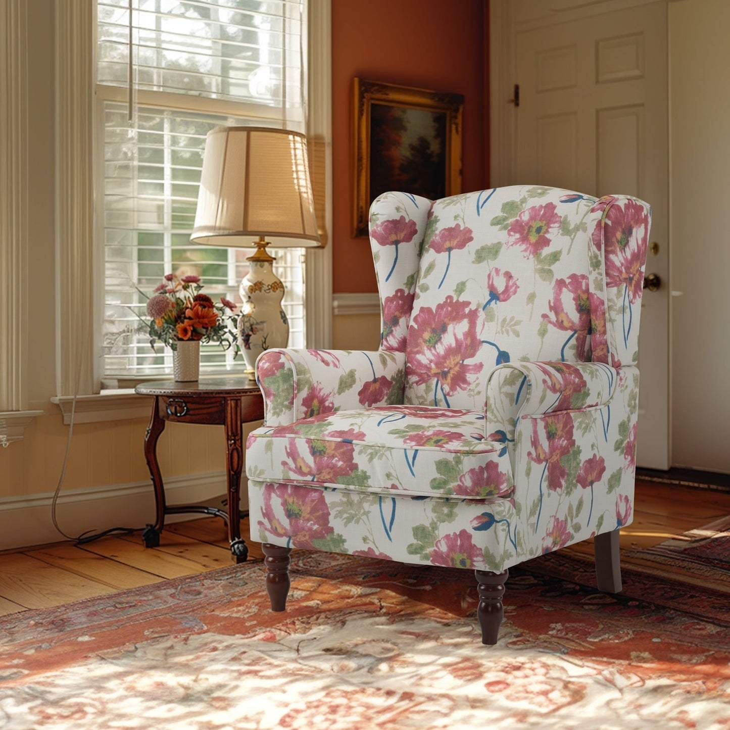 Fauteuil d'appoint moderne Erommy, fauteuil à dossier haut, canapé simple recouvert de tissu avec boutons et pieds en bois pour salon.