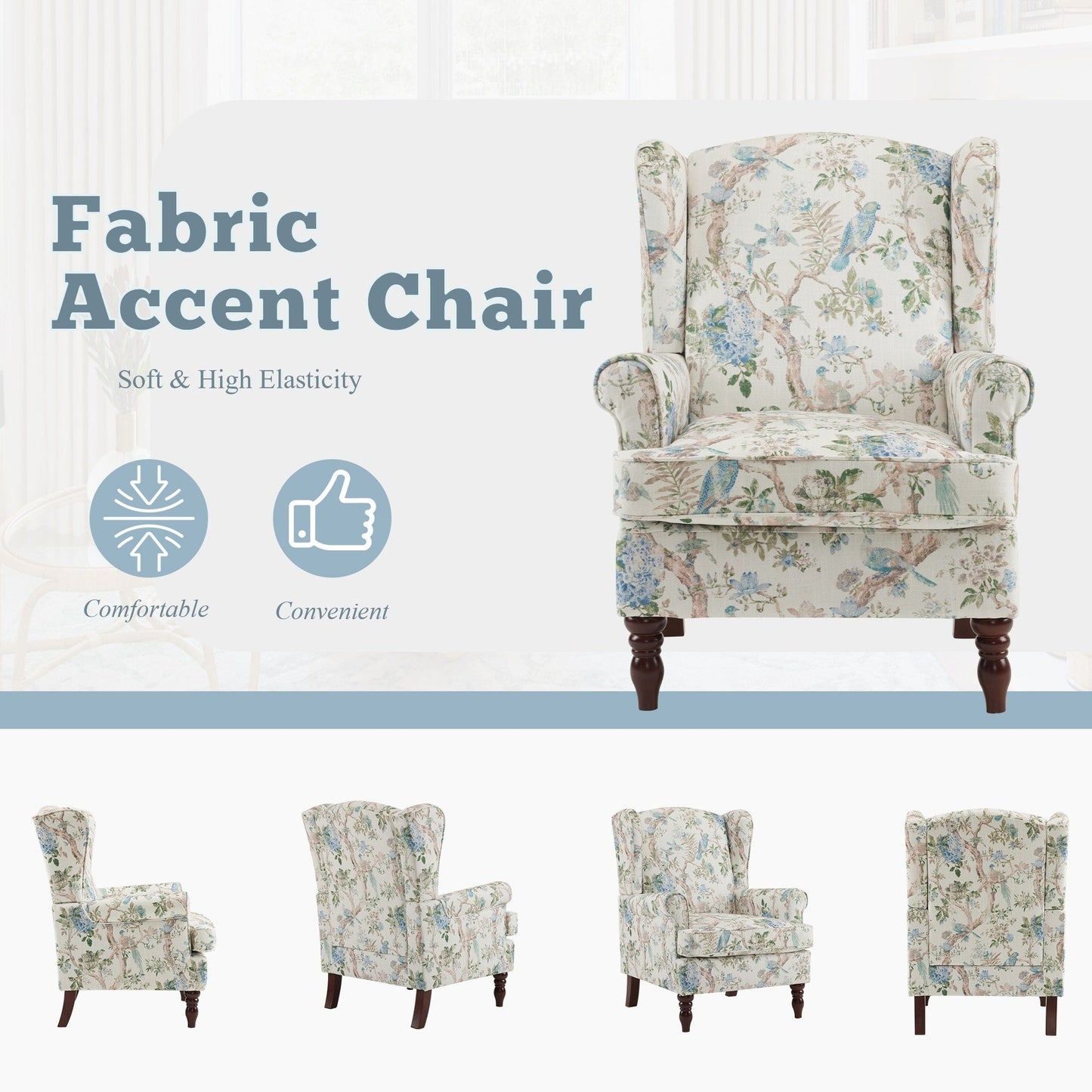Fauteuil d'appoint moderne Erommy, fauteuil à dossier haut, canapé simple recouvert de tissu avec boutons et pieds en bois pour salon.