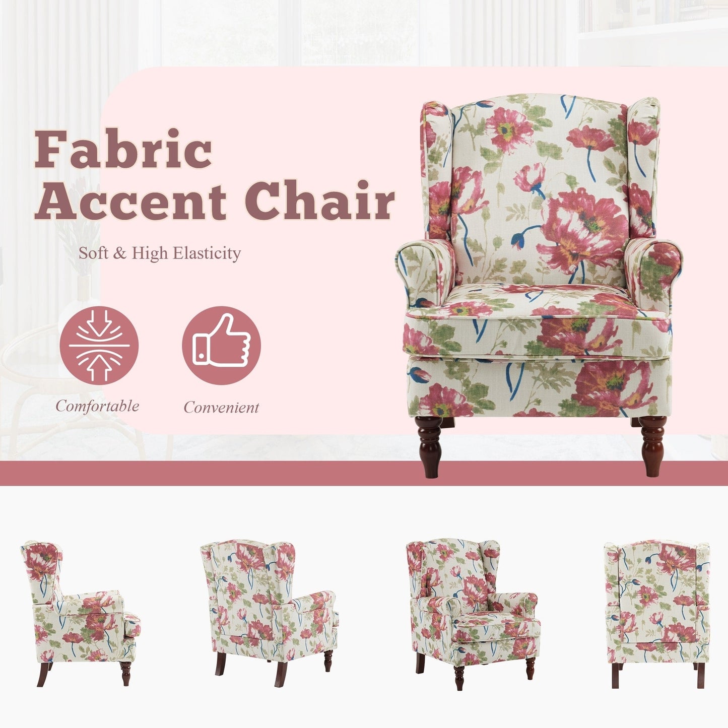 Fauteuil d'appoint moderne Erommy, fauteuil à dossier haut, canapé simple recouvert de tissu avec boutons et pieds en bois pour salon.