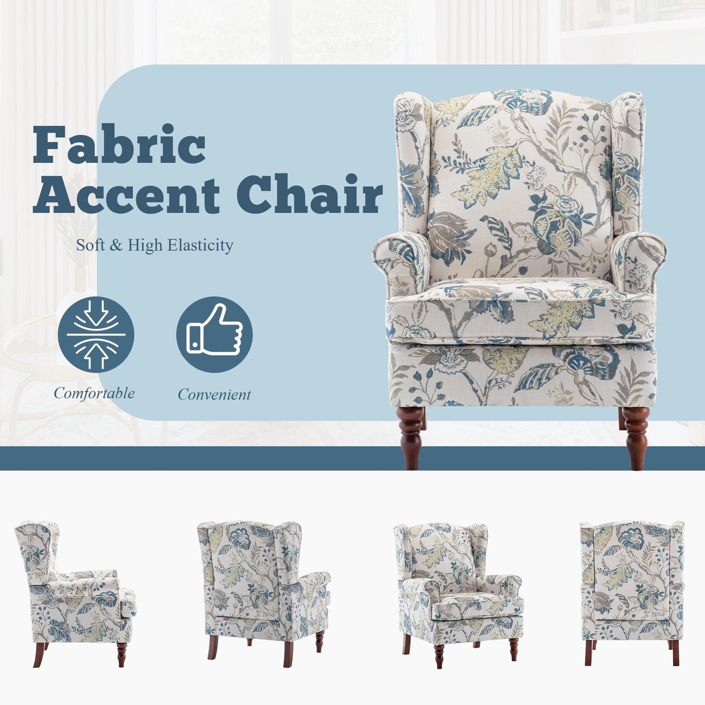 Fauteuil d'appoint moderne Erommy, fauteuil à dossier haut, canapé simple recouvert de tissu avec boutons et pieds en bois pour salon.