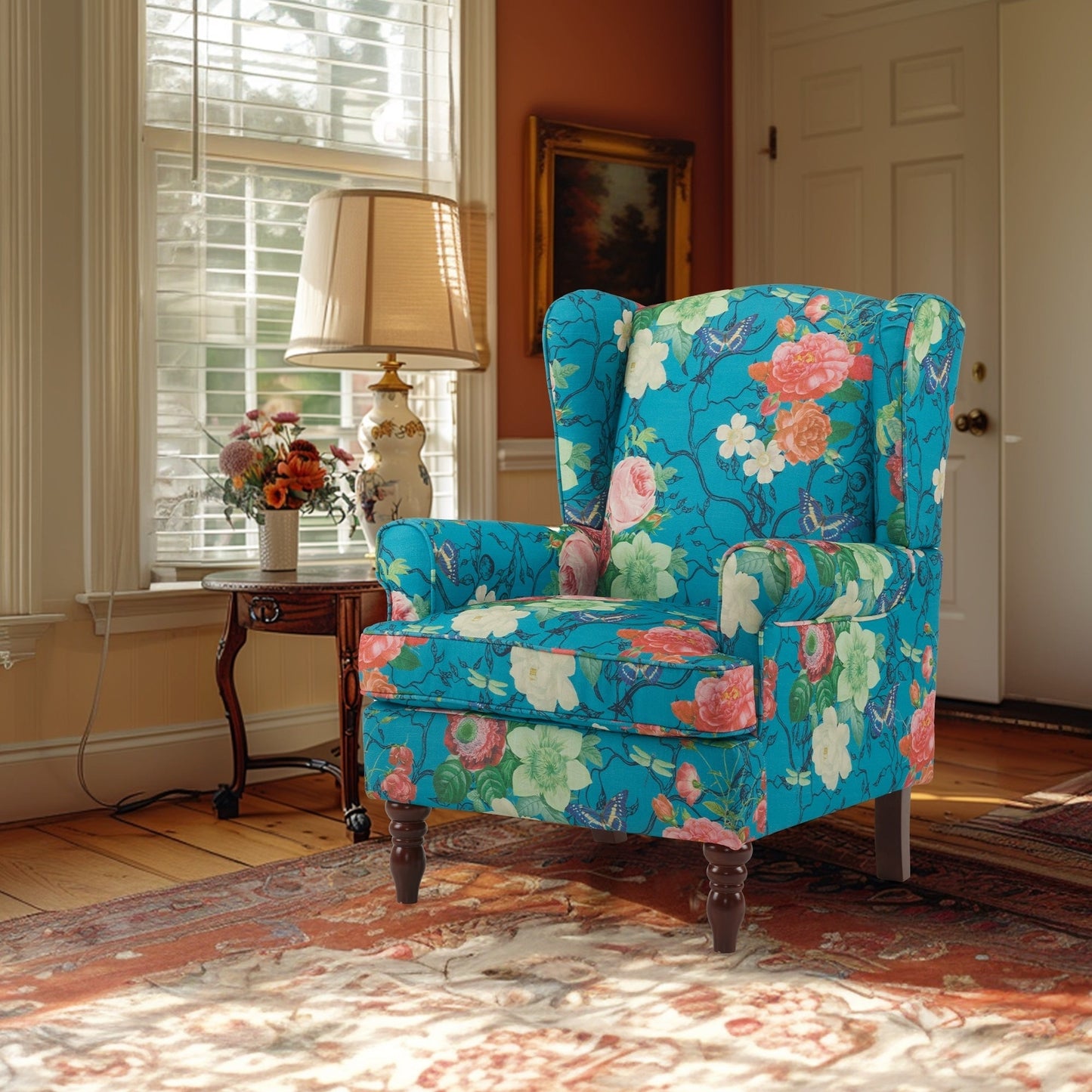 Fauteuil d'appoint moderne Erommy, fauteuil à dossier haut, canapé simple recouvert de tissu avec boutons et pieds en bois pour salon.