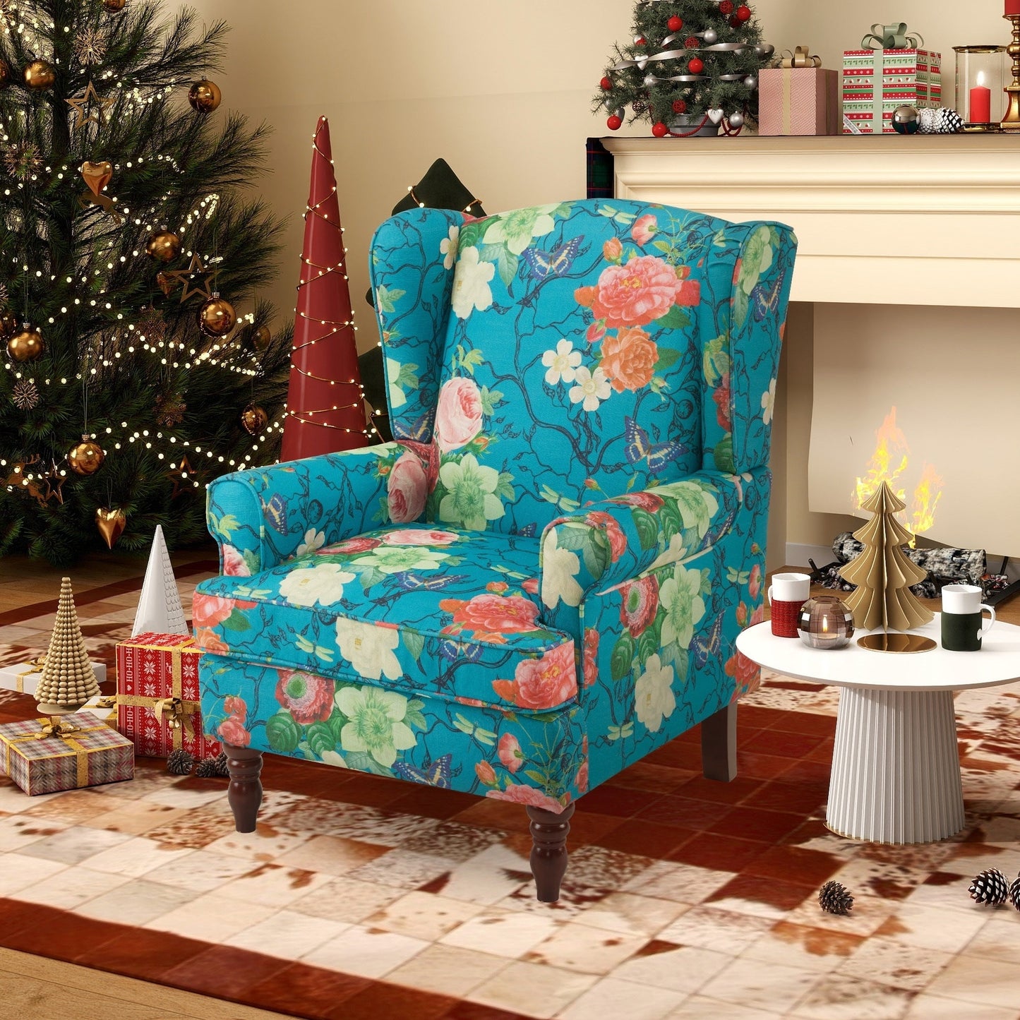 Fauteuil d'appoint moderne Erommy, fauteuil à dossier haut, canapé simple recouvert de tissu avec boutons et pieds en bois pour salon.