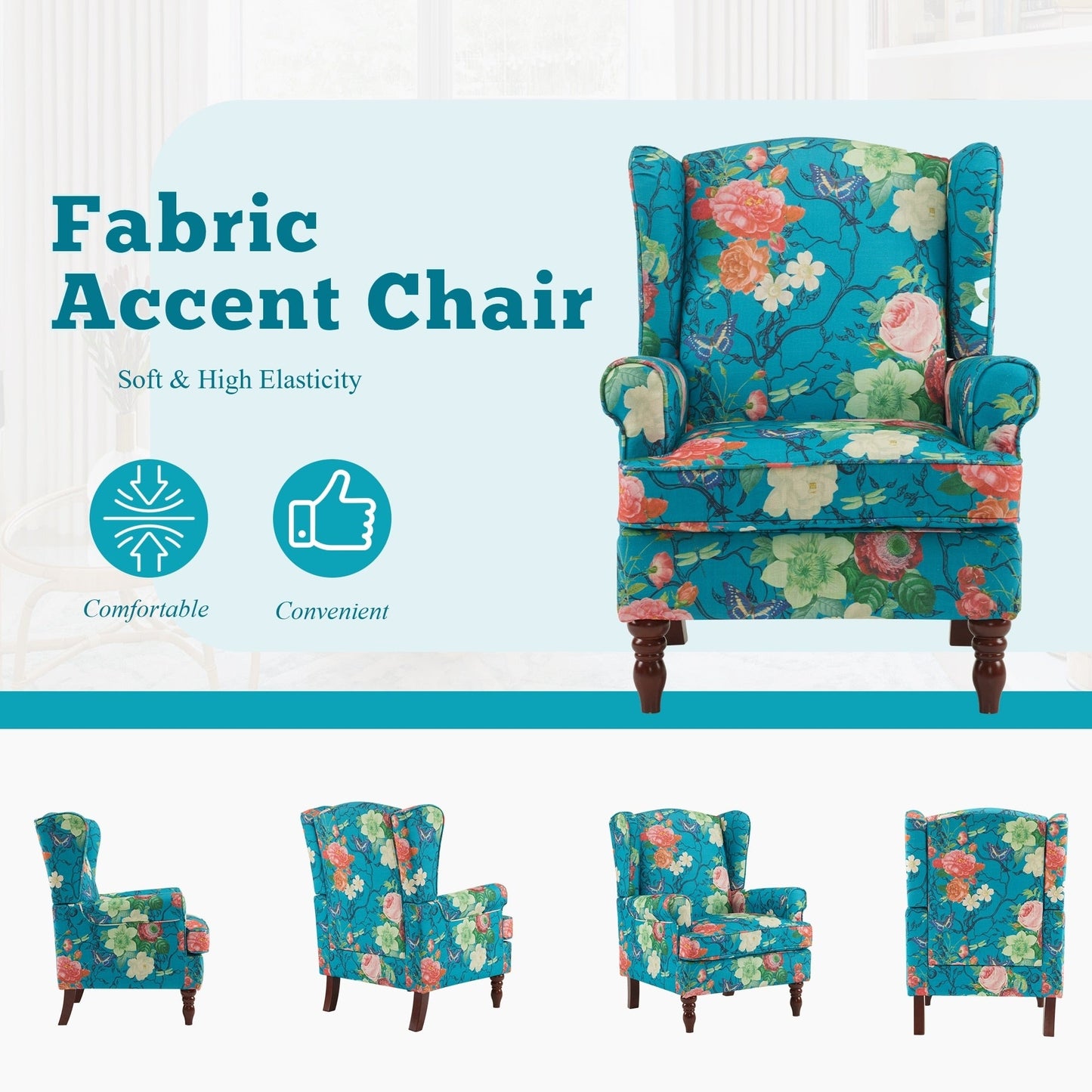 Fauteuil d'appoint moderne Erommy, fauteuil à dossier haut, canapé simple recouvert de tissu avec boutons et pieds en bois pour salon.