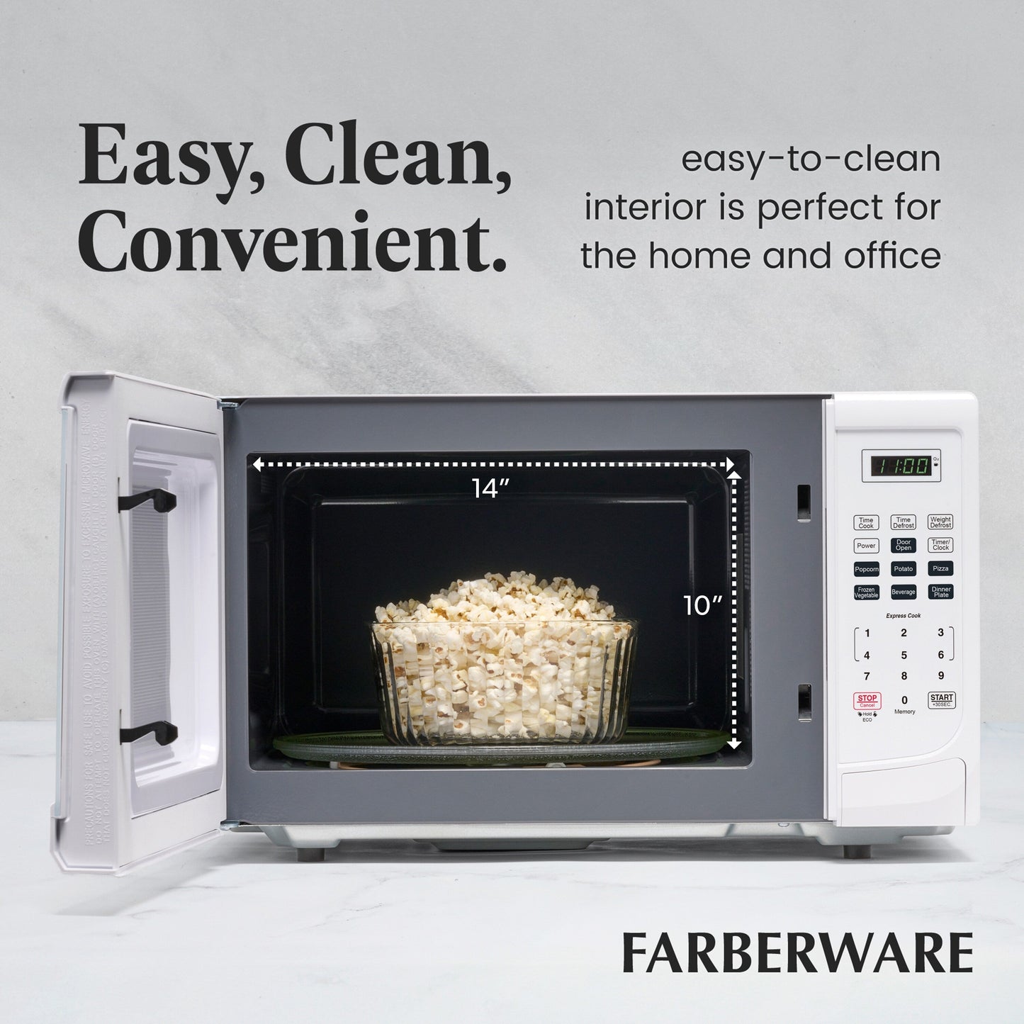 Four à micro-ondes de comptoir Farberware de 1000 watts et 1,1 pi3 avec éclairage LED et verrouillage enfant.