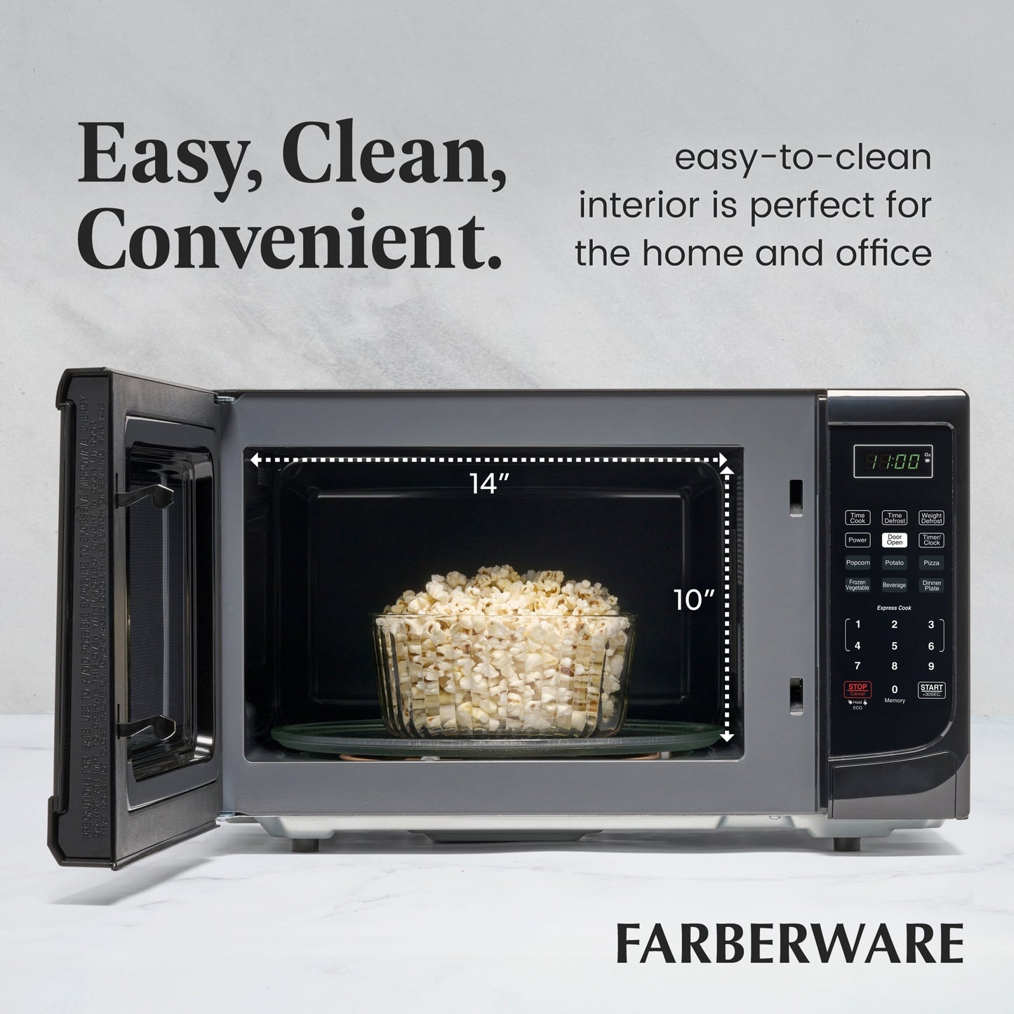 Four à micro-ondes de comptoir Farberware de 1000 watts et 1,1 pi3 avec éclairage LED et verrouillage enfant.