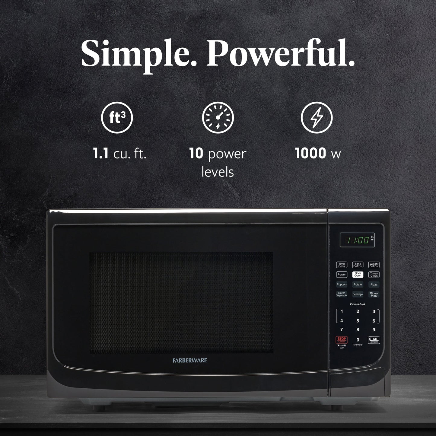 Four à micro-ondes de comptoir Farberware de 1000 watts et 1,1 pi3 avec éclairage LED et verrouillage enfant.