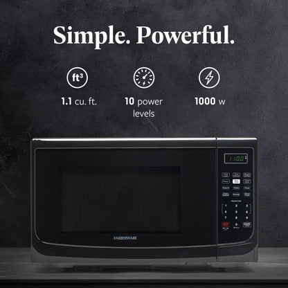 Four à micro-ondes de comptoir Farberware de 1000 watts et 1,1 pi3 avec éclairage LED et verrouillage enfant.