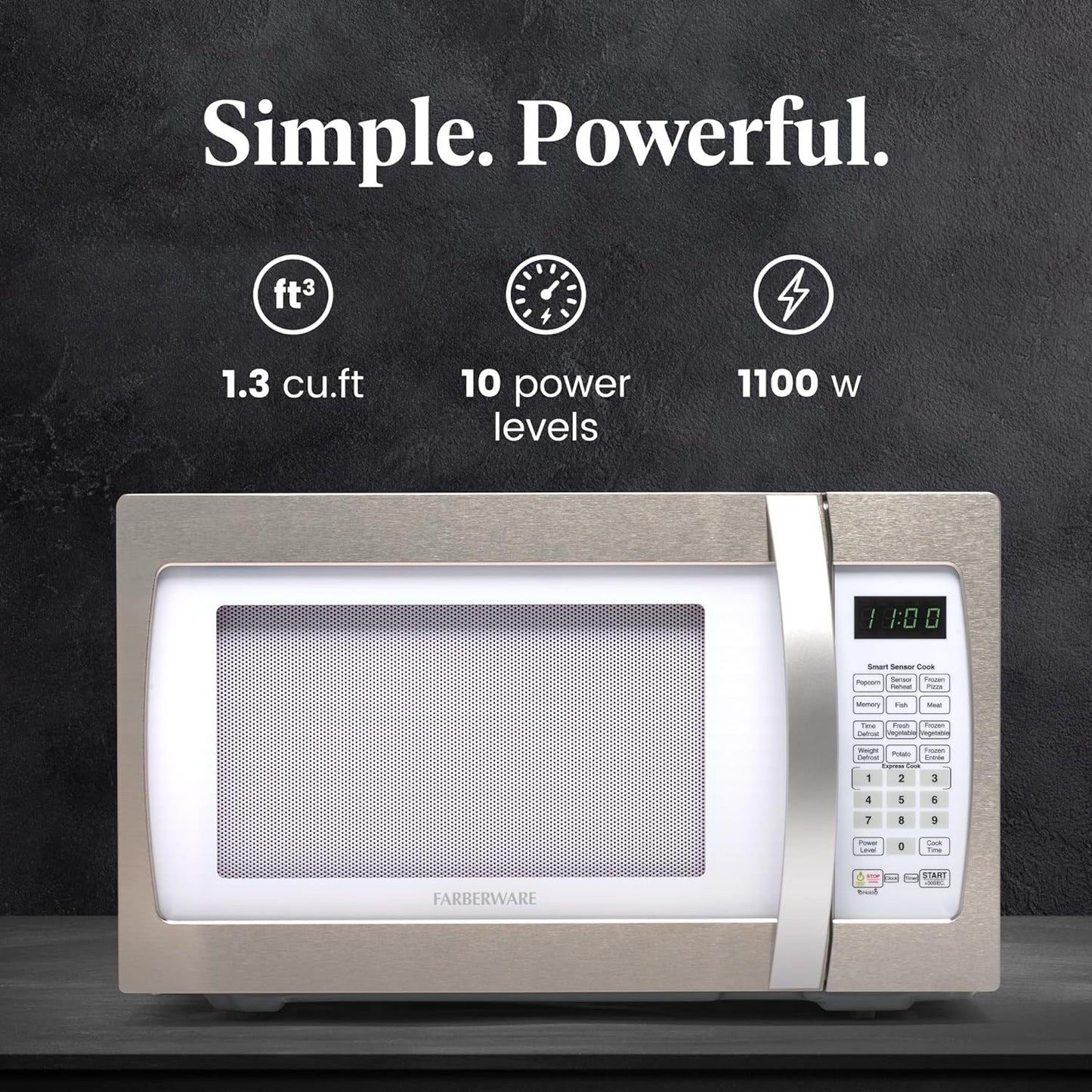 Four à micro-ondes Farberware Professional de 1,3 pi³ et de 1100 watts avec fonction de cuisson intelligente à capteur, blanc et platine