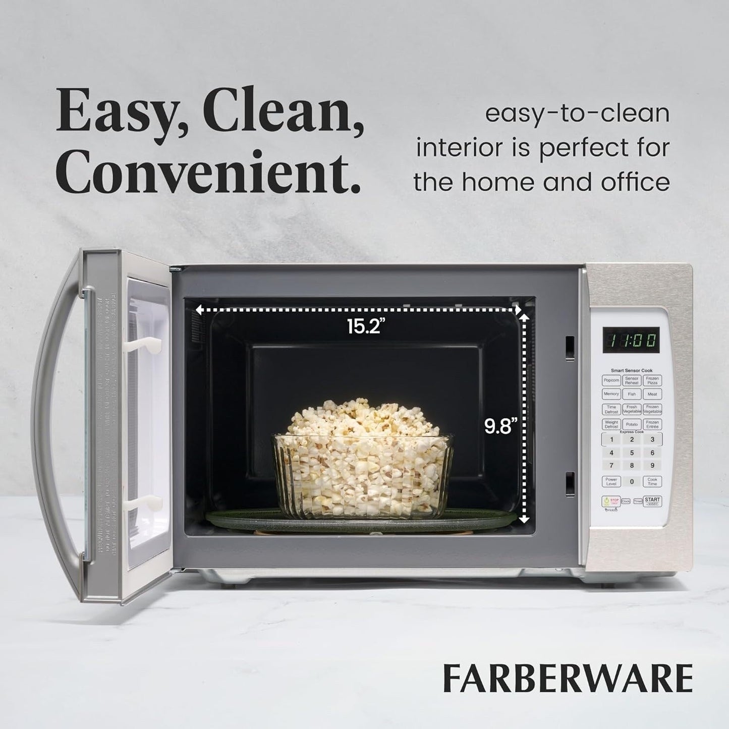 Four à micro-ondes Farberware Professional de 1,3 pi³ et de 1100 watts avec fonction de cuisson intelligente à capteur, blanc et platine