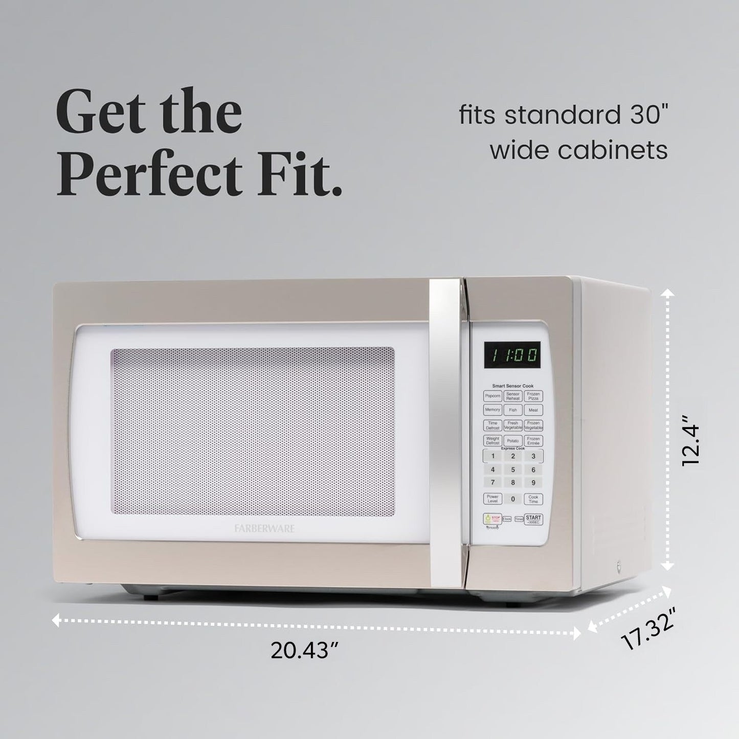 Four à micro-ondes Farberware Professional de 1,3 pi³ et de 1100 watts avec fonction de cuisson intelligente à capteur, blanc et platine