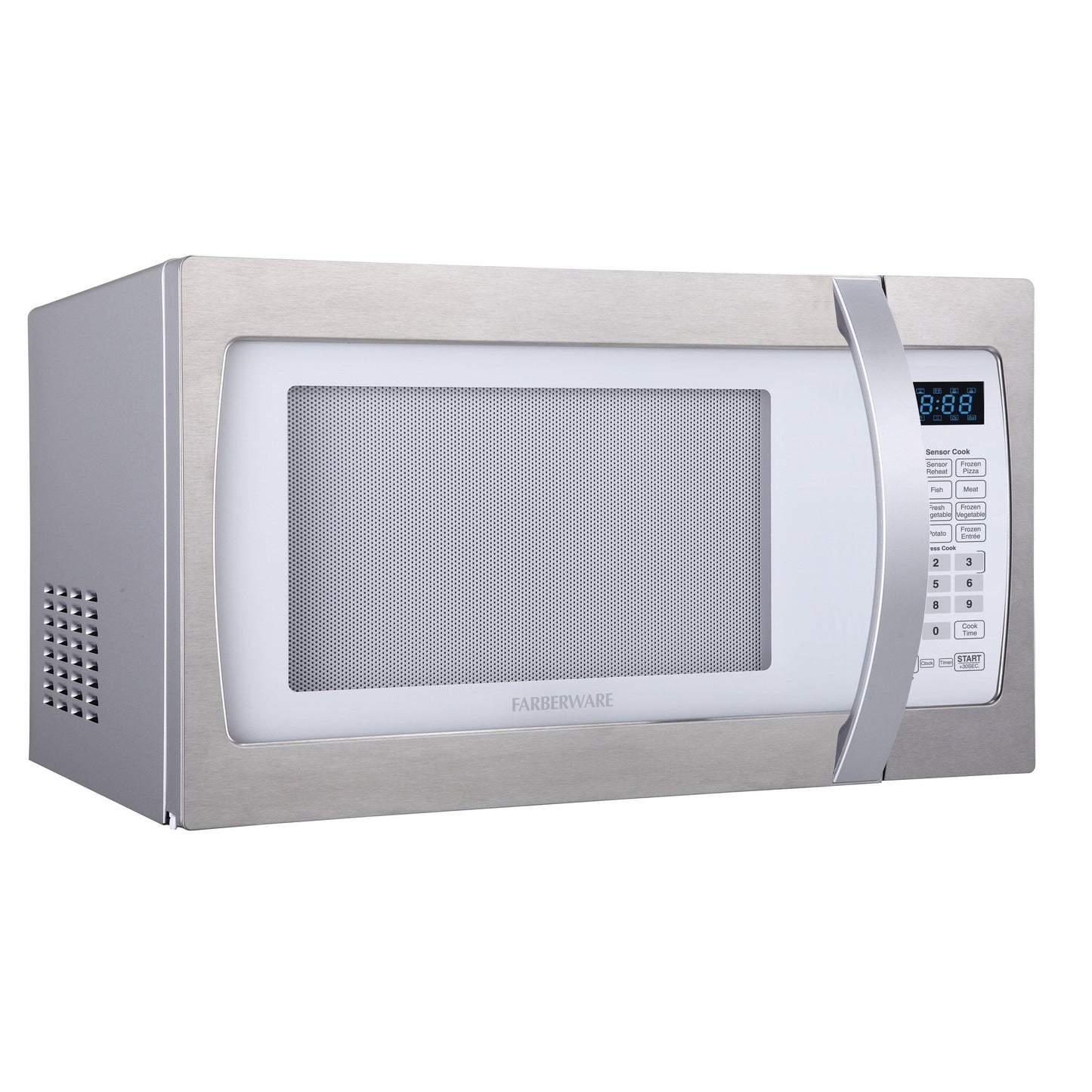 Four à micro-ondes Farberware Professional de 1,3 pi³ et de 1100 watts avec fonction de cuisson intelligente à capteur, blanc et platine
