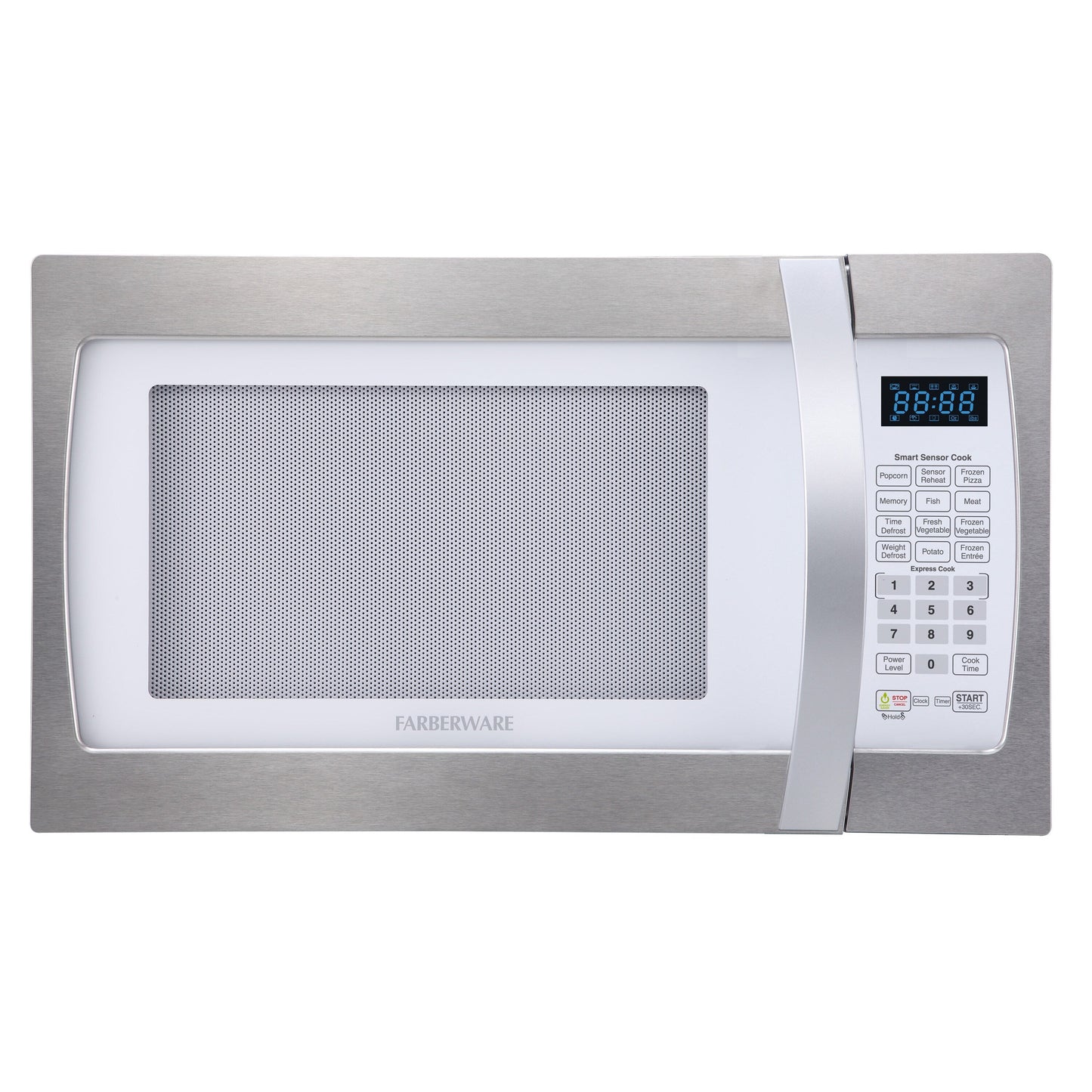 Four à micro-ondes Farberware Professional de 1,3 pi³ et de 1100 watts avec fonction de cuisson intelligente à capteur, blanc et platine