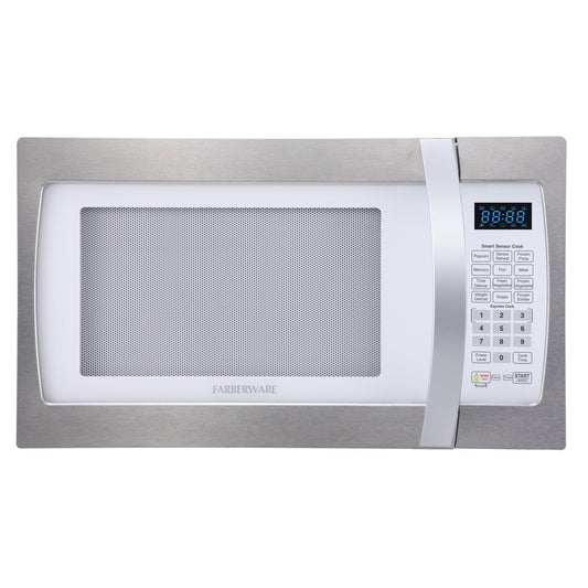 Four à micro-ondes Farberware Professional de 1,3 pi³ et de 1100 watts avec fonction de cuisson intelligente à capteur, blanc et platine