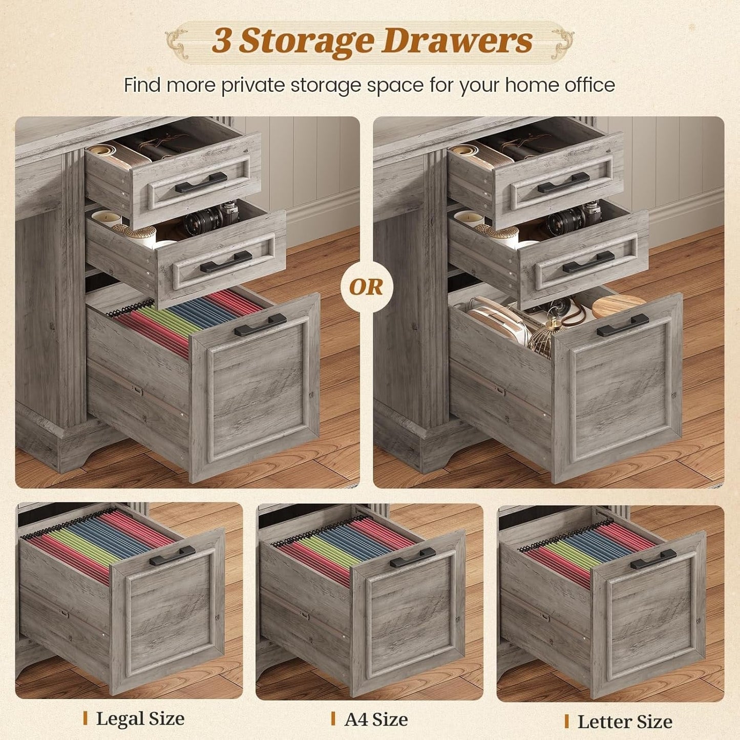 Bureau de direction style farmhouse, bureau de travail pour la maison, tiroir à dossiers, support de moniteur, prise de courant.