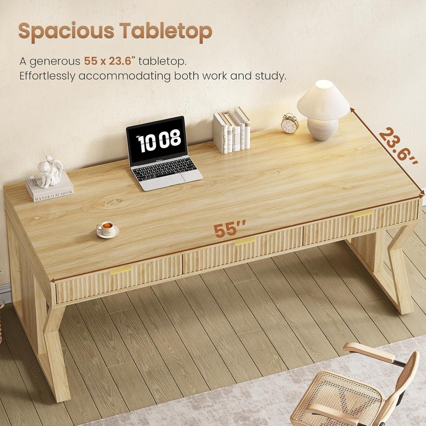 Bureau de direction style farmhouse, bureau de travail pour la maison, tiroir à dossiers, support de moniteur, prise de courant.