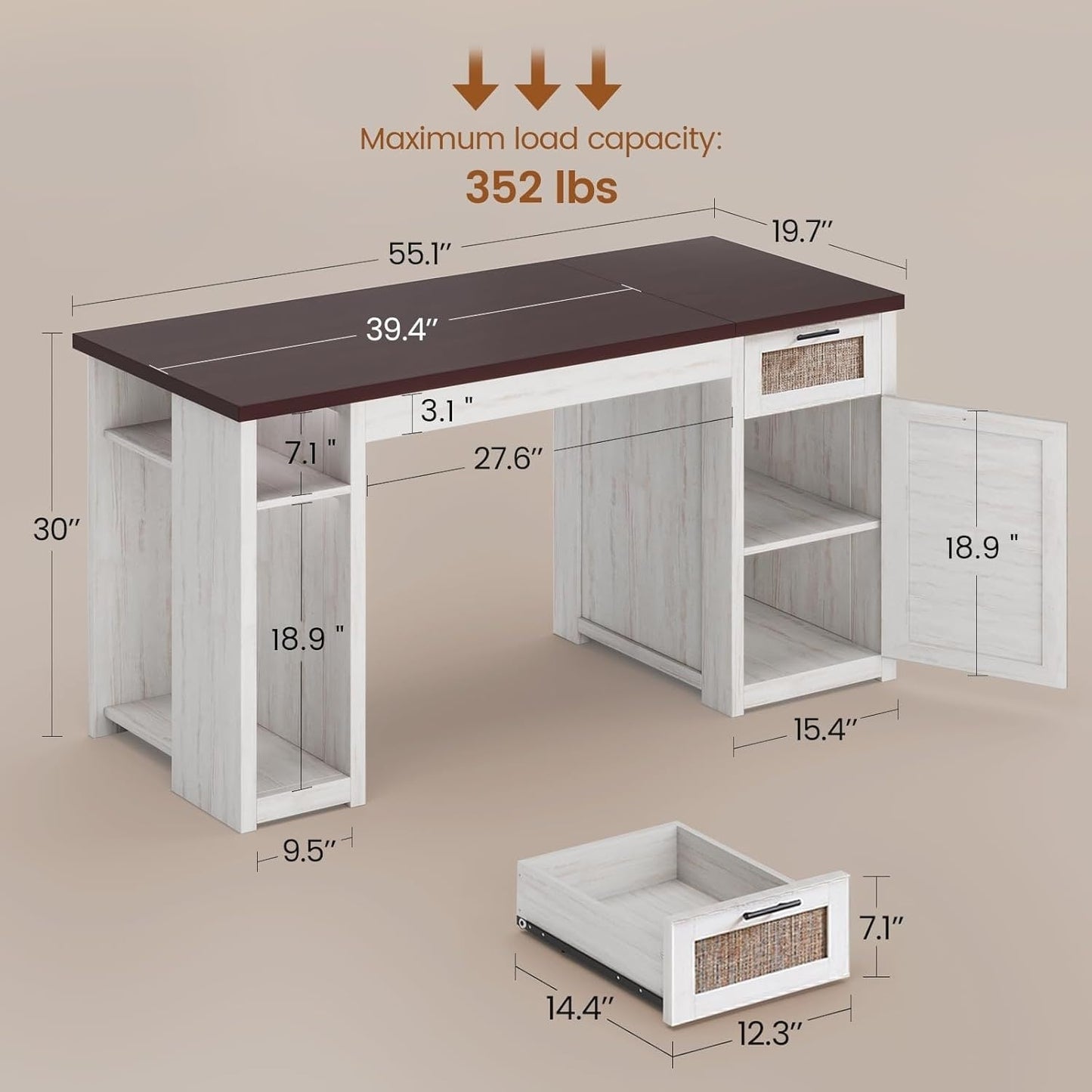 Bureau de direction style farmhouse, bureau de travail pour la maison, tiroir à dossiers, support de moniteur, prise de courant.