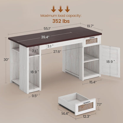 Bureau de direction style farmhouse, bureau de travail pour la maison, tiroir à dossiers, support de moniteur, prise de courant.