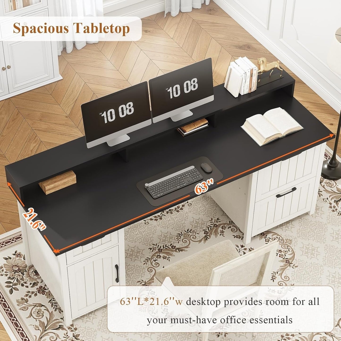 Bureau de direction style farmhouse, bureau de travail pour la maison, tiroir à dossiers, support de moniteur, prise de courant.