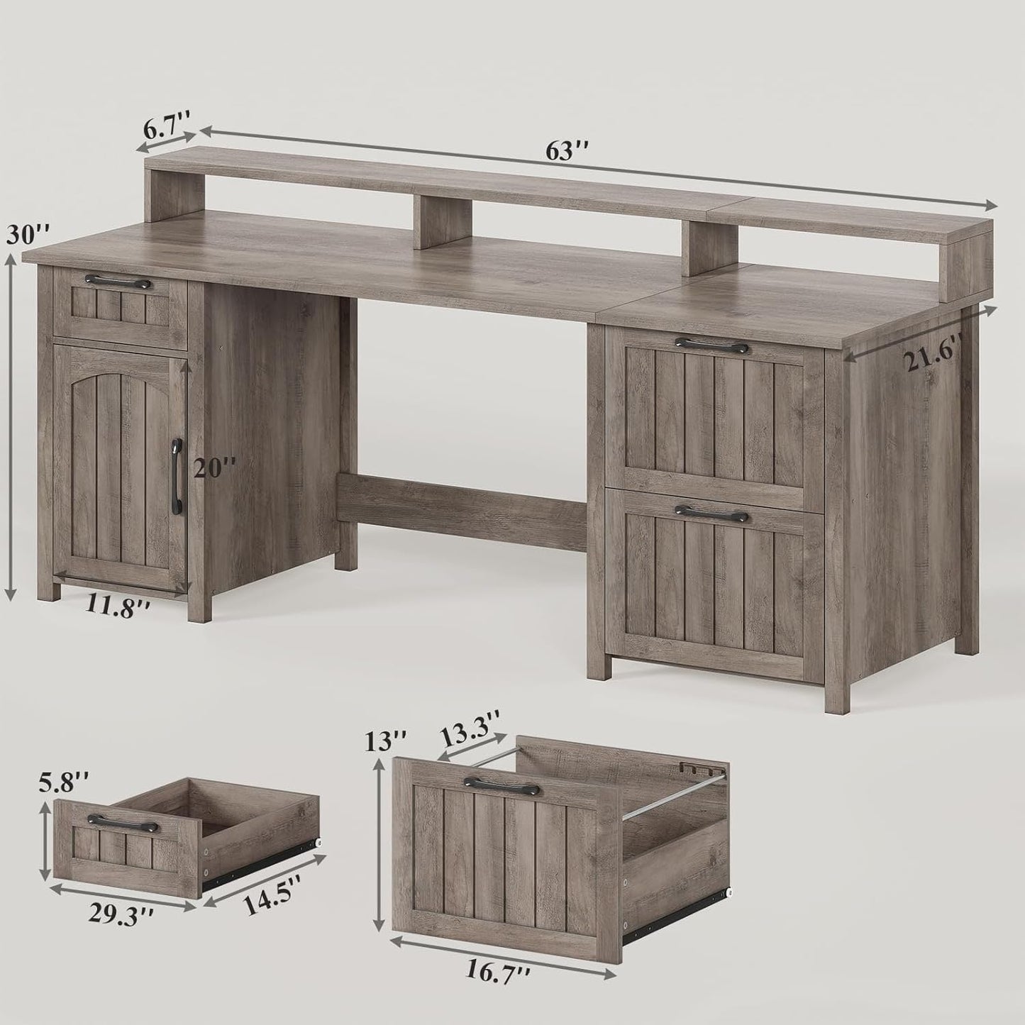 Bureau de direction style farmhouse, bureau de travail pour la maison, tiroir à dossiers, support de moniteur, prise de courant.