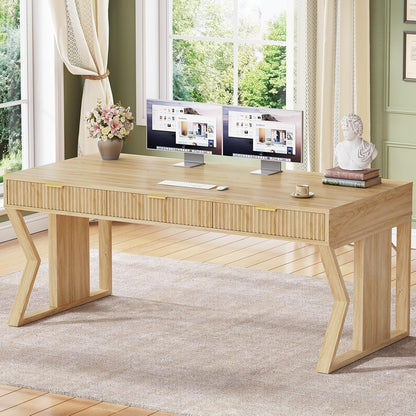 Bureau de direction style farmhouse, bureau de travail pour la maison, tiroir à dossiers, support de moniteur, prise de courant.
