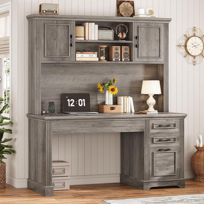 Bureau de direction style farmhouse, bureau de travail pour la maison, tiroir à dossiers, support de moniteur, prise de courant.