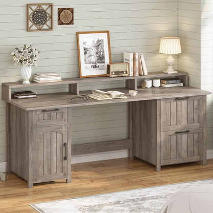 Bureau de direction style farmhouse, bureau de travail pour la maison, tiroir à dossiers, support de moniteur, prise de courant.