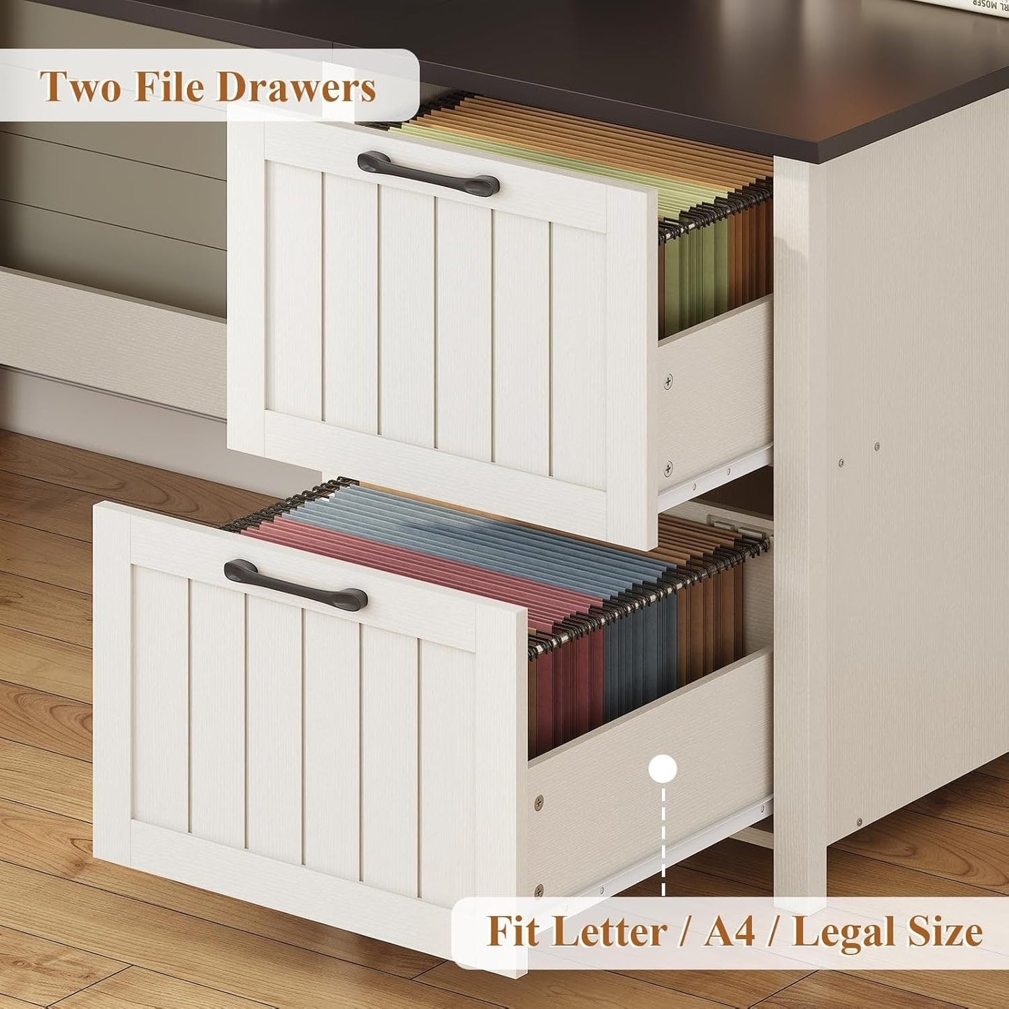 Bureau de direction style farmhouse, bureau de travail pour la maison, tiroir à dossiers, support de moniteur, prise de courant.