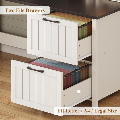 Bureau de direction style farmhouse, bureau de travail pour la maison, tiroir à dossiers, support de moniteur, prise de courant.