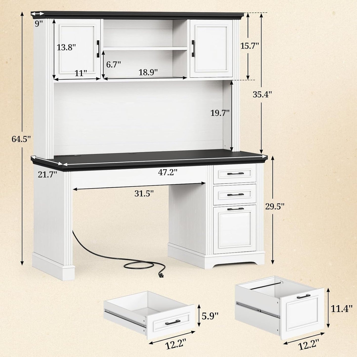 Bureau de direction style farmhouse, bureau de travail pour la maison, tiroir à dossiers, support de moniteur, prise de courant.