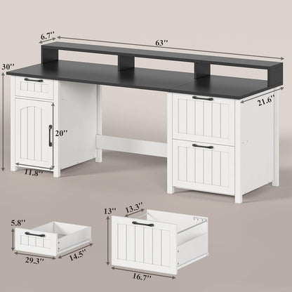 Bureau de direction style farmhouse, bureau de travail pour la maison, tiroir à dossiers, support de moniteur, prise de courant.