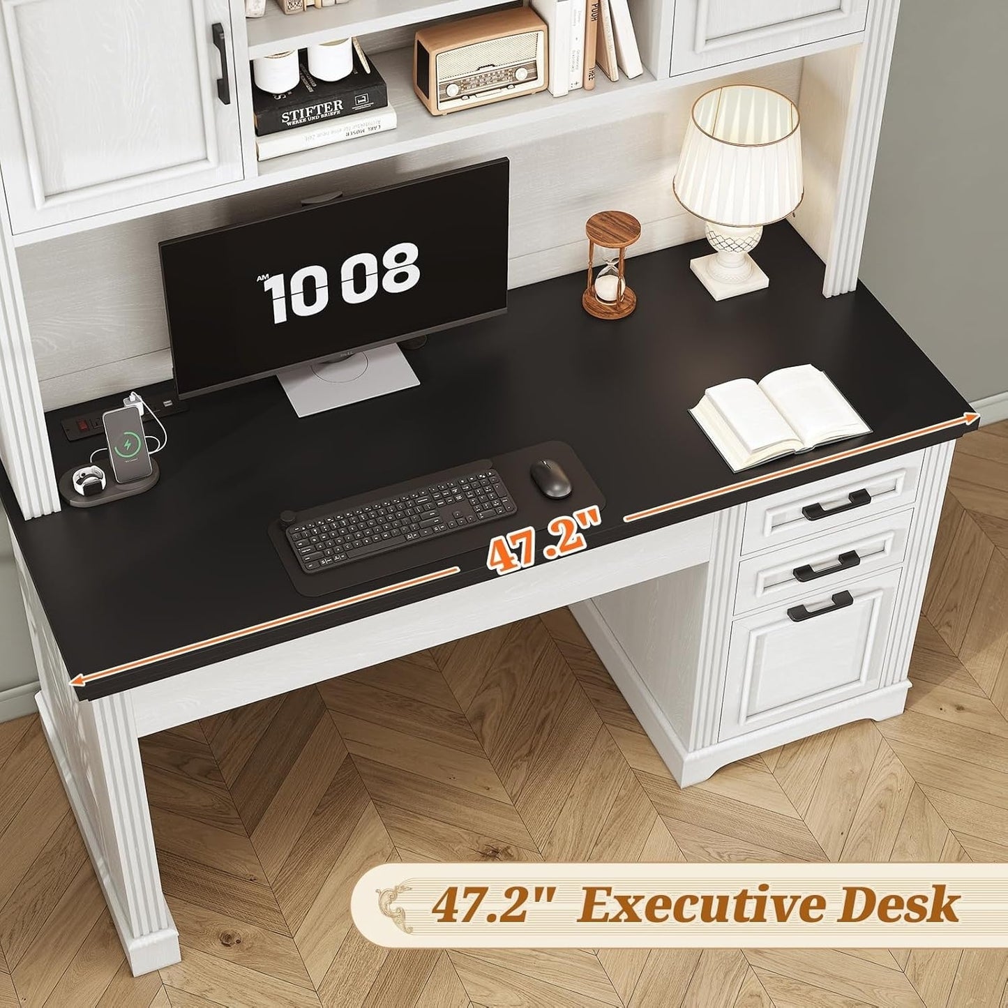 Bureau de direction style farmhouse, bureau de travail pour la maison, tiroir à dossiers, support de moniteur, prise de courant.