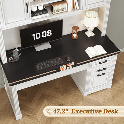 Bureau de direction style farmhouse, bureau de travail pour la maison, tiroir à dossiers, support de moniteur, prise de courant.
