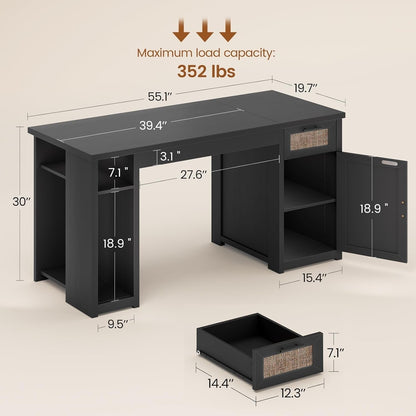 Bureau de direction style farmhouse, bureau de travail pour la maison, tiroir à dossiers, support de moniteur, prise de courant.