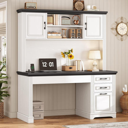 Bureau de direction style farmhouse, bureau de travail pour la maison, tiroir à dossiers, support de moniteur, prise de courant.