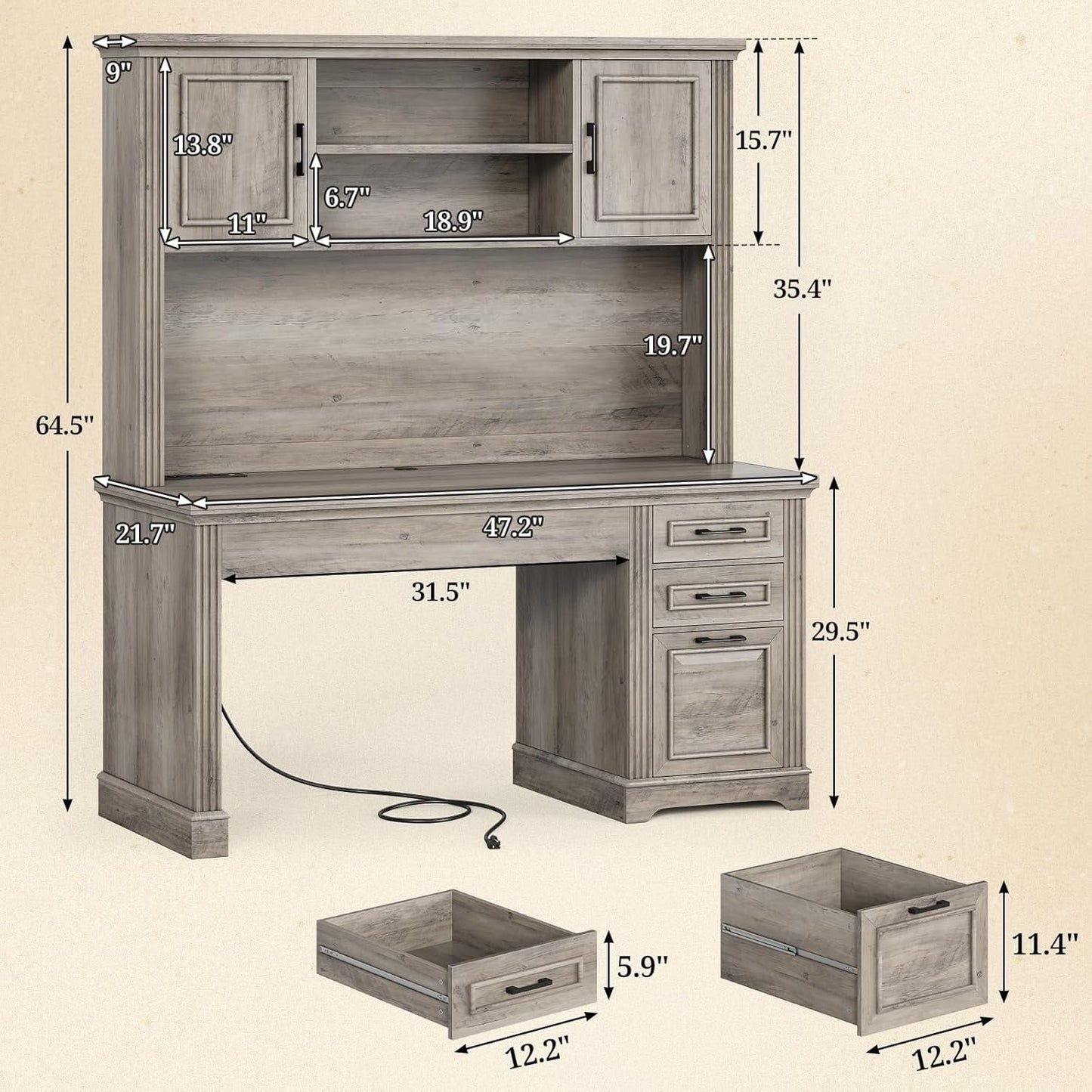 Bureau de direction style farmhouse, bureau de travail pour la maison, tiroir à dossiers, support de moniteur, prise de courant.