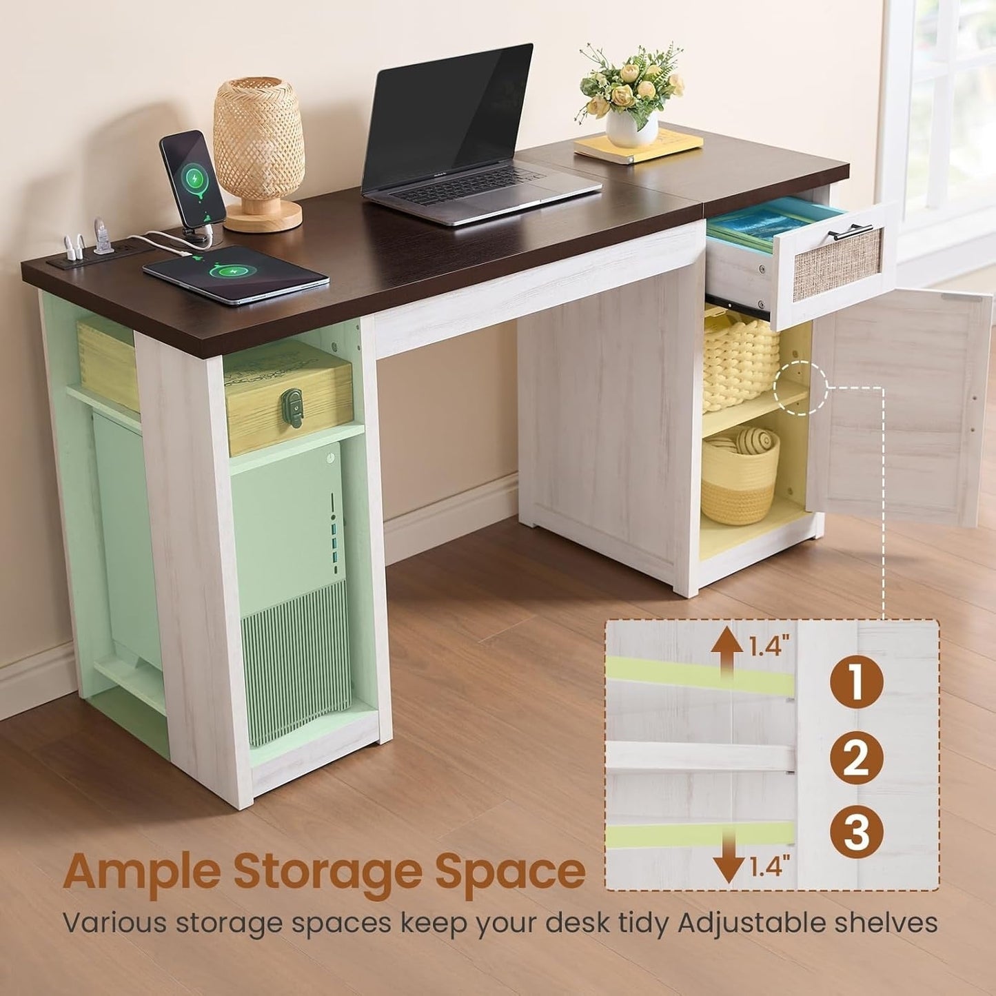 Bureau de direction style farmhouse, bureau de travail pour la maison, tiroir à dossiers, support de moniteur, prise de courant.