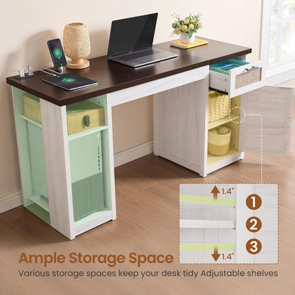 Bureau de direction style farmhouse, bureau de travail pour la maison, tiroir à dossiers, support de moniteur, prise de courant.