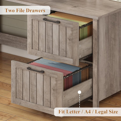 Bureau de direction style farmhouse, bureau de travail pour la maison, tiroir à dossiers, support de moniteur, prise de courant.