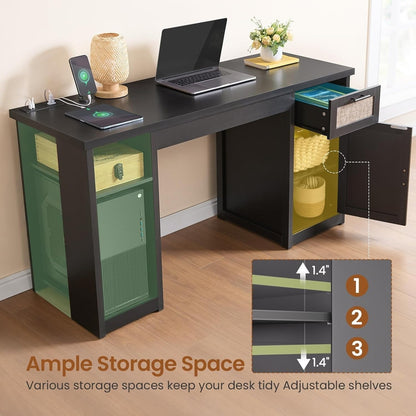 Bureau de direction style farmhouse, bureau de travail pour la maison, tiroir à dossiers, support de moniteur, prise de courant.