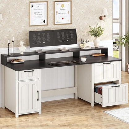 Bureau de direction style farmhouse, bureau de travail pour la maison, tiroir à dossiers, support de moniteur, prise de courant.