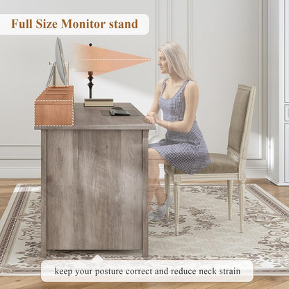 Bureau de direction style farmhouse, bureau de travail pour la maison, tiroir à dossiers, support de moniteur, prise de courant.