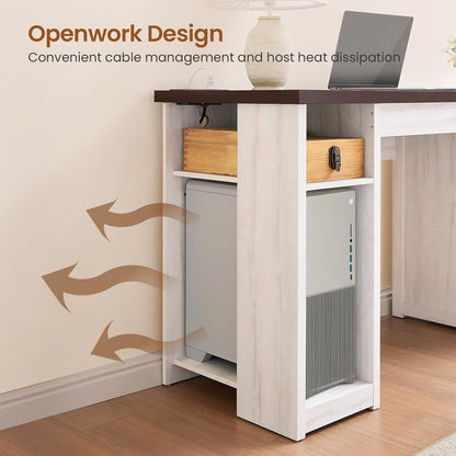 Bureau de direction style farmhouse, bureau de travail pour la maison, tiroir à dossiers, support de moniteur, prise de courant.