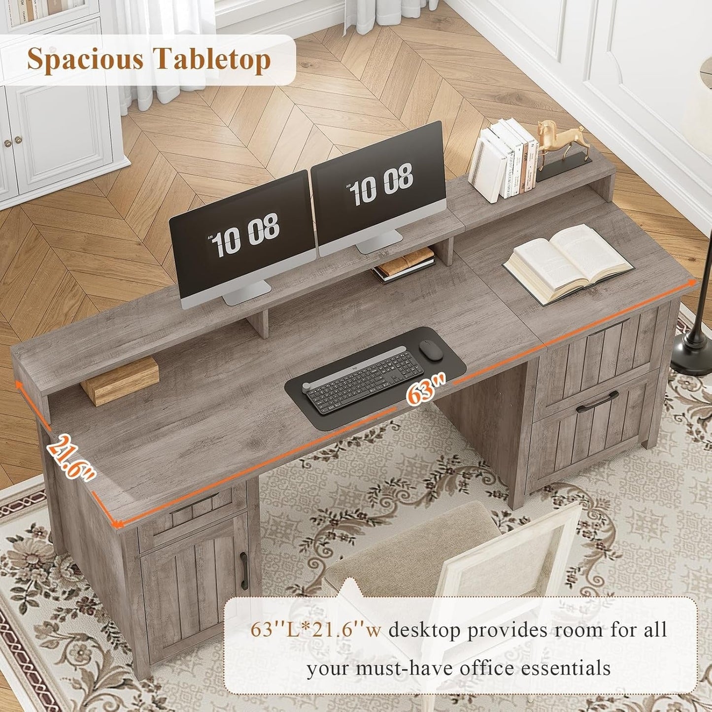 Bureau de direction style farmhouse, bureau de travail pour la maison, tiroir à dossiers, support de moniteur, prise de courant.