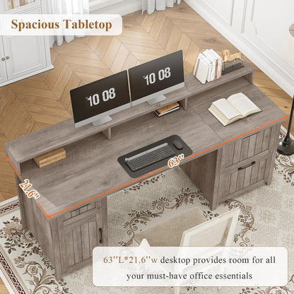 Bureau de direction style farmhouse, bureau de travail pour la maison, tiroir à dossiers, support de moniteur, prise de courant.